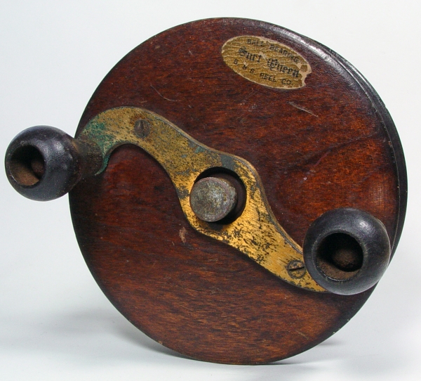 ANTIQUE WOOD & BRASS FLY REEL --good luck horseshoe side winder