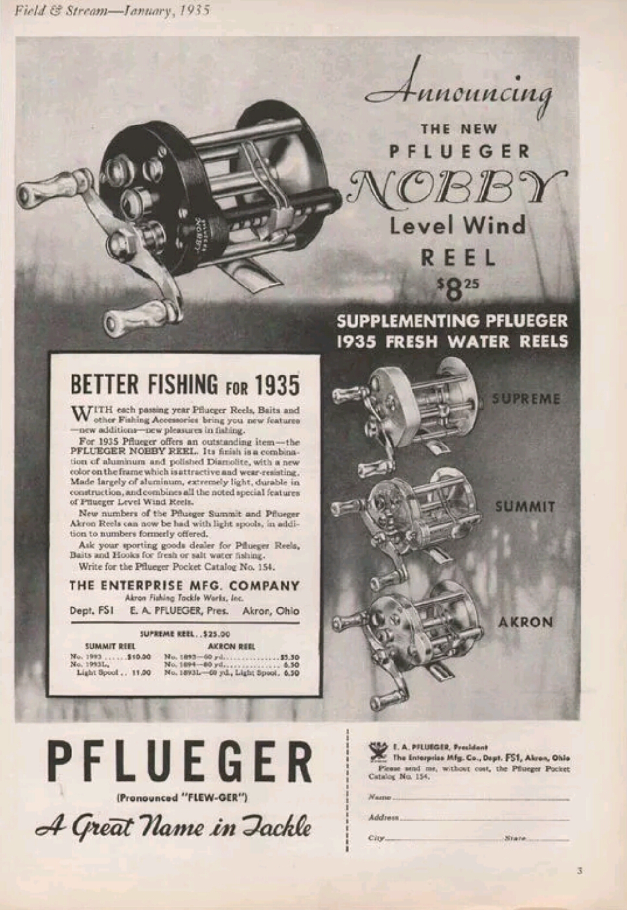Old Pflueger Fishing Reel Lures 1951 Skilkast , Supreme, Summit Print Ad  Flyer 