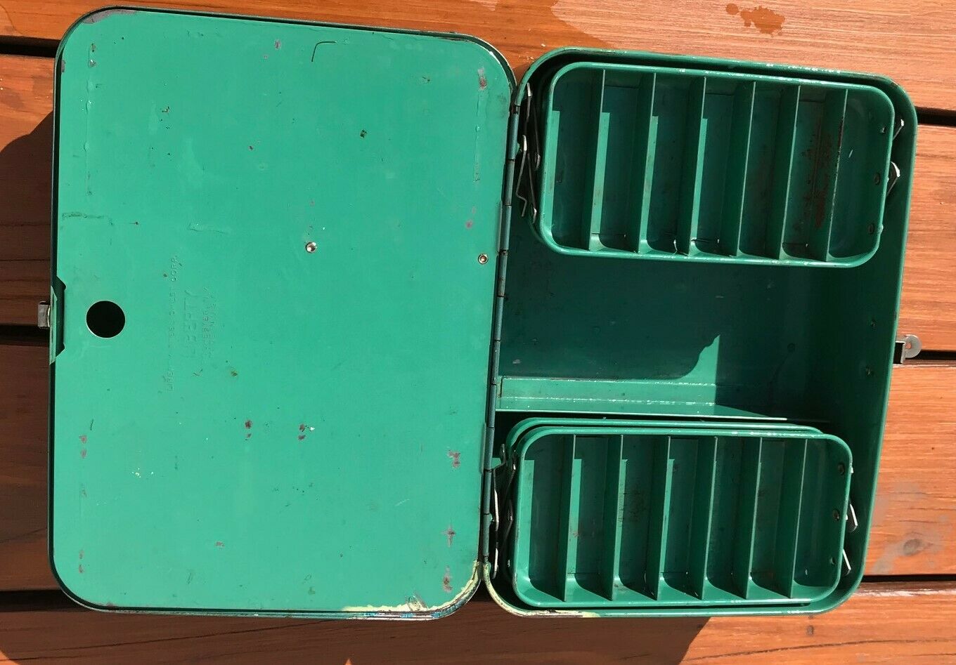 Vintage USA teal Liberty Steel Chest Tackle Box 12 w Ruler Fish Fishing  Tackle
