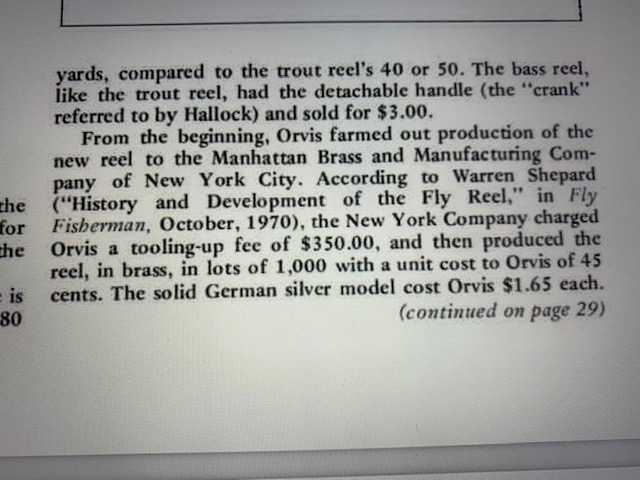 Manufacture of Orvis 1874 reels by Manhattan Brass & Mfg. Co